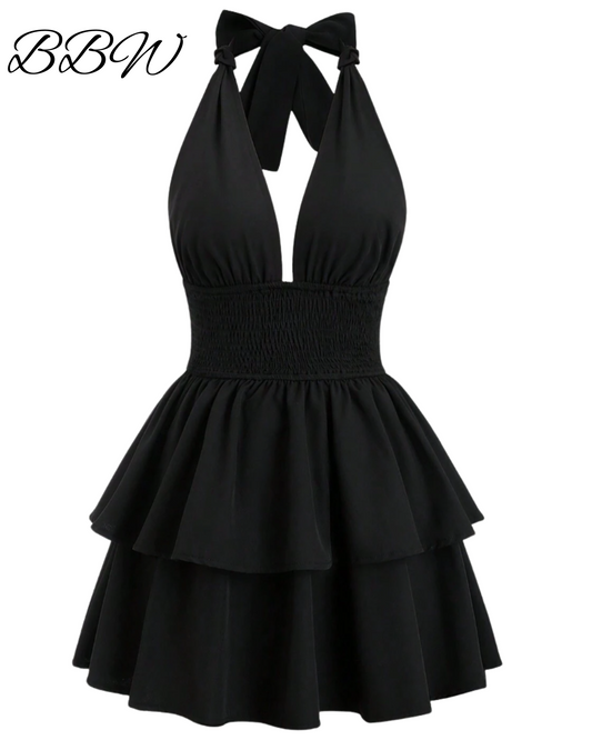 BBW Women's Sexy Fashionable Solid Color Halter Neck Black Short Dress, Summer Y2K Outfit Club Outfits Holiday Dress Women